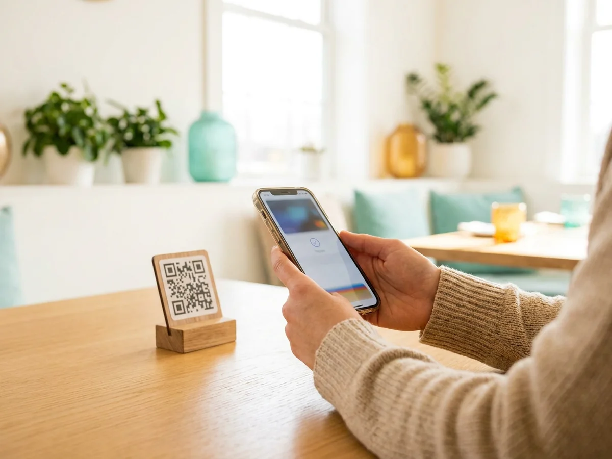 Гость ресторана сканирует смартфоном QR-код со стойки на светлом столе